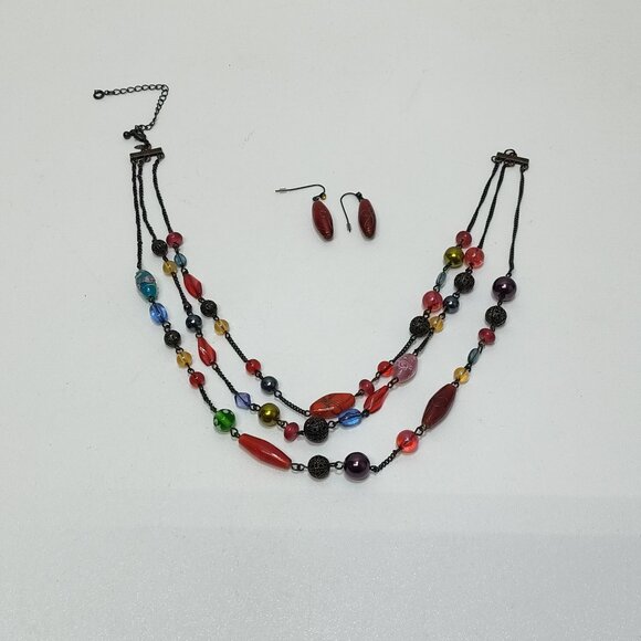 Avon Trio Chain Necklace Dangle Earrings Multicolor Art Glass Beads Boho Hippie - Picture 1 of 8